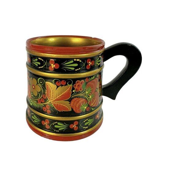 Vtg Russian Lacquerware Khokhloma Folk Art Mug Wild Beries Hand-Painted - Picture 1 of 6